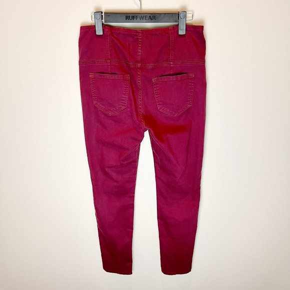 High Waisted Button Fly Burgundy Stretchy Skinny Jeans - Picture 2 of 4
